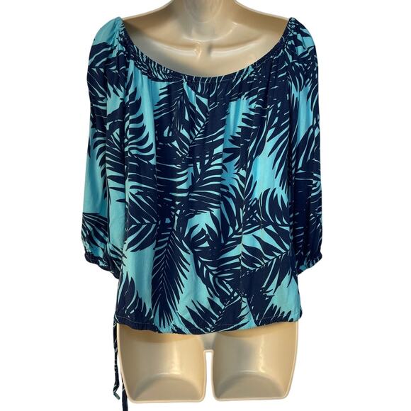 Escapada Living 3/4 Sleeve Round Elastic‎ Neck Top Azure/Navy Blue Size L - Picture 2 of 8